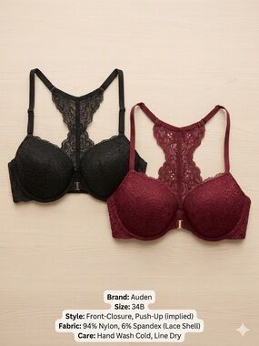 2 pairs of barely used Auden Black Lace Racerback Front-Closure Bra